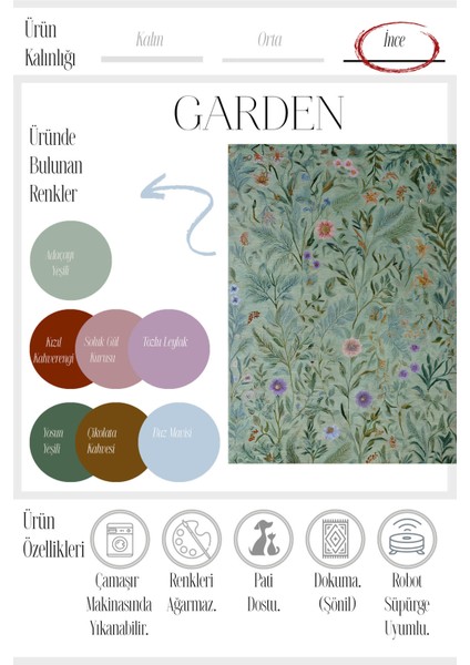 Garden 808 Yeşil Botanik Çiçekli Halı Yıkanabilir Dokuma Taban Ince Halı Oturma Odası Salon Halısı modelleri