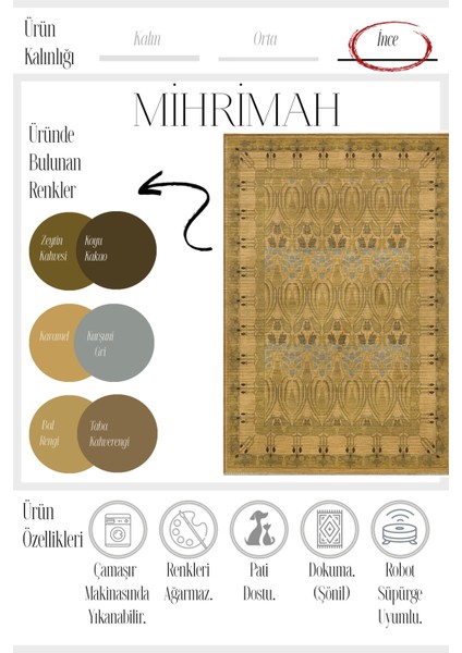 Mihrimah 501 Sarı Etnik Halı Vintage Halı Yıkanabilir Ince Dokuma Salon Ev Oturma Odası Halısı fırsatları