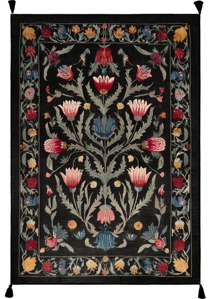 Karaköy 501 Siyah Püsküllü Etnik Geleneksel Motifli Yıkanabilir Halı Salon Oturma Odası Ev Halısı