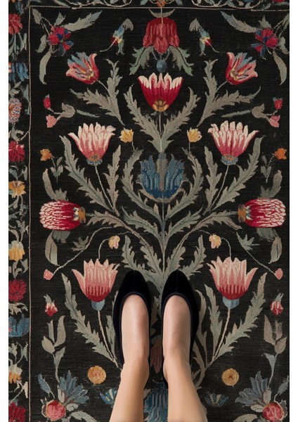 Karaköy 501 Siyah Püsküllü Etnik Geleneksel Motifli Yıkanabilir Halı Salon Oturma Odası Ev Halısı fırsatları