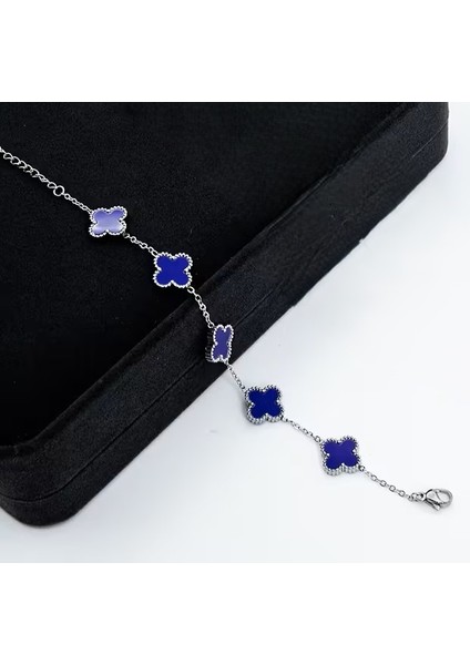 Çelik Bileklik Dört Yapraklı Küçük Yonca Lacivert Sedef Taşlı Uzunluk 18 cm Gümüş