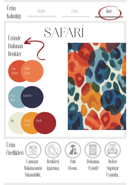 Safari 112 Renkli Leopar Desenli Halı Modern Yıkanabilir Ince Tasarım Oturma Odası Salon Halısı modelleri