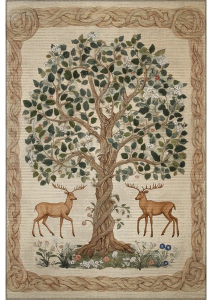 Safari 110 Geyik Ağaç Tasarım Botanik Tasarım Halı Modern Oturma Odası Ince Yazlık Oda Salon Halısı