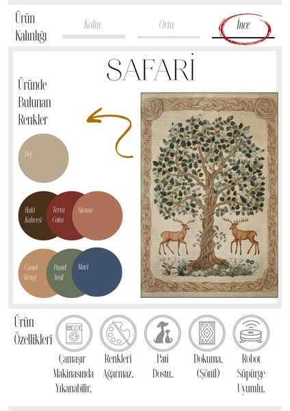 Safari 110 Geyik Ağaç Tasarım Botanik Tasarım Halı Modern Oturma Odası Ince Yazlık Oda Salon Halısı modelleri