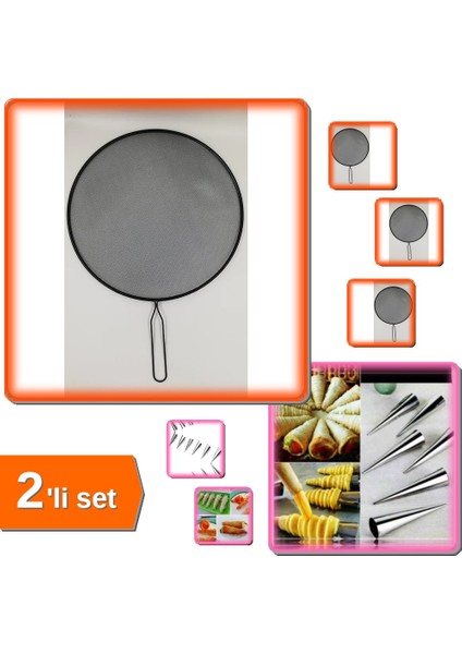 Yağ Sıçratmaz Kapak 30 cm + Paslanmaz 6 Adet Kurabiye Şekil Verici Korneo Kornet Kalıbı - 2li Set Y3