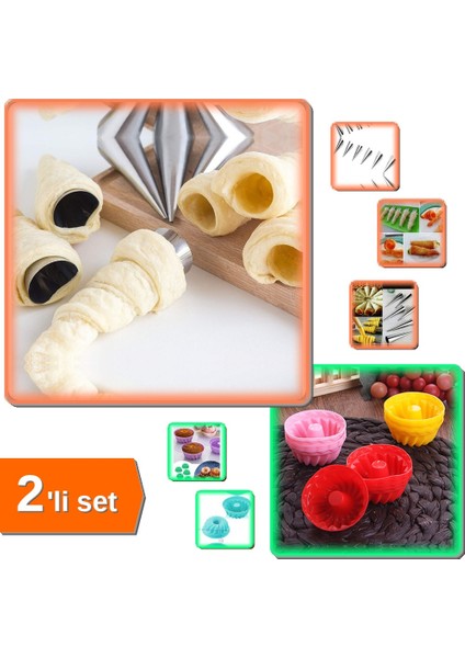 Muffin Kek Kalıbı Silikon 6 Adet + Kornet Kurabiye Şekil Verici Paslanmaz 6 Adet - 2li Set L4K3F3