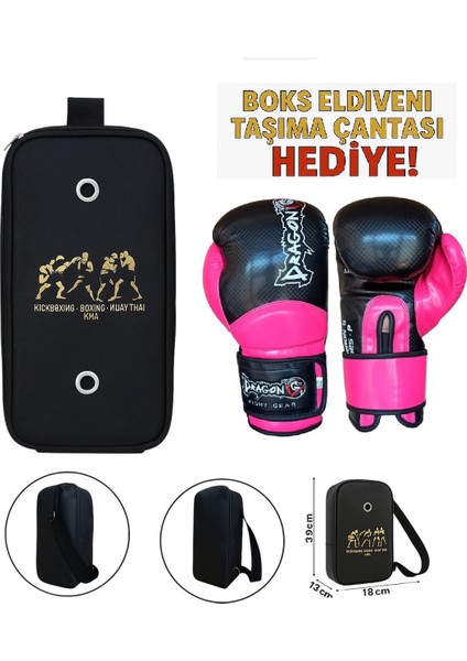 Carbon 5 Pembe Boks Eldiveni Kick Boks Muay Thai Eldiveni ve Eldiven Taşıma Çantalı
