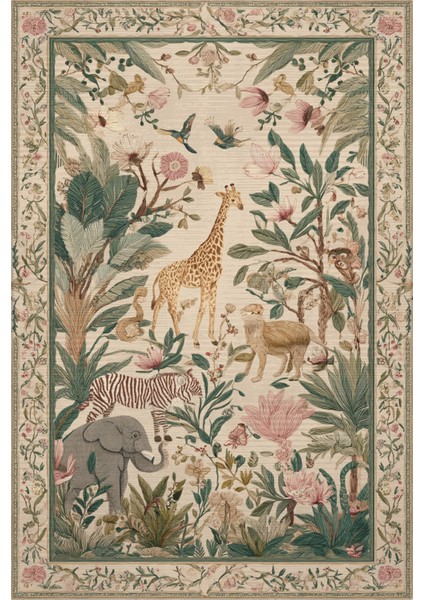 Safari 113 Bej Renkli Çiçekli Botanik Tasarım Halı Yıkanabilir Ince Oturma Odası Salon Halısı