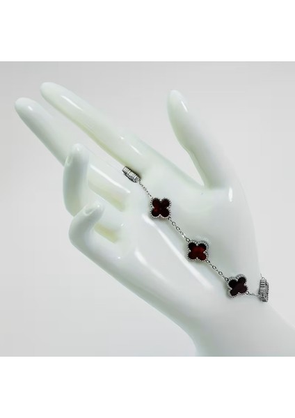 Çelik Bileklik Dört Yapraklı Küçük Yonca Siyah Sedef Taşlı Uzunluk 18 cm Gümüş