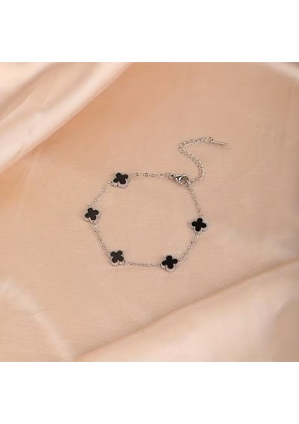 Çelik Bileklik Dört Yapraklı Küçük Yonca Siyah Sedef Taşlı Uzunluk 18 cm Gümüş fiyatları