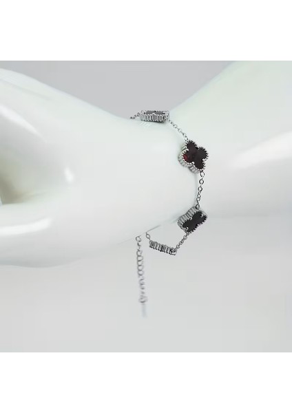 Çelik Bileklik Dört Yapraklı Küçük Yonca Siyah Sedef Taşlı Uzunluk 18 cm Gümüş modelleri