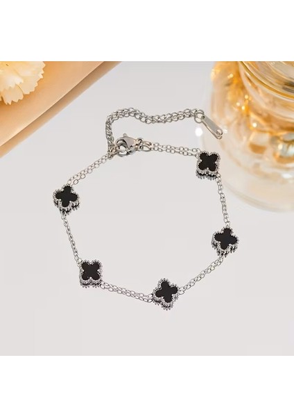Çelik Bileklik Dört Yapraklı Küçük Yonca Siyah Sedef Taşlı Uzunluk 18 cm Gümüş fırsatları