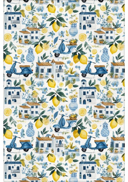 Capri 351 Blue Blanc Mavi Bej Limon Ev Tasarım Modern Yıkanabilir Halı Koridor Hol Oda Ev Halısı