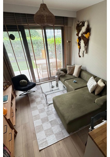 Odessa 502 Damalı Halı Bej Krem Yıkanabilir Dokuma Taban Ince Halı Oturma Odası Salon Halısı