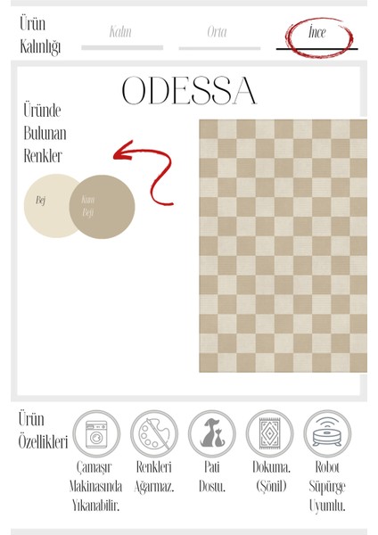 Odessa 502 Damalı Halı Bej Krem Yıkanabilir Dokuma Taban Ince Halı Oturma Odası Salon Halısı