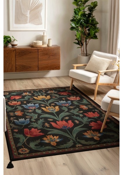 Karaköy 502 Vintage Siyah Desen Etnik Motifli Yıkanabilir Halı Salon Koridor Oturma Odası Ev Halısı modelleri