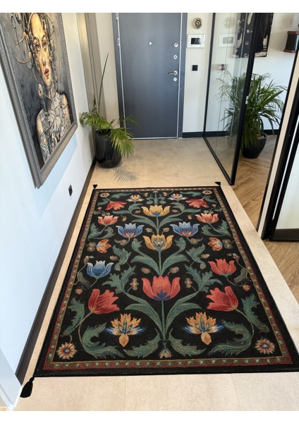 Karaköy 502 Vintage Siyah Desen Etnik Motifli Yıkanabilir Halı Salon Koridor Oturma Odası Ev Halısı fırsatları