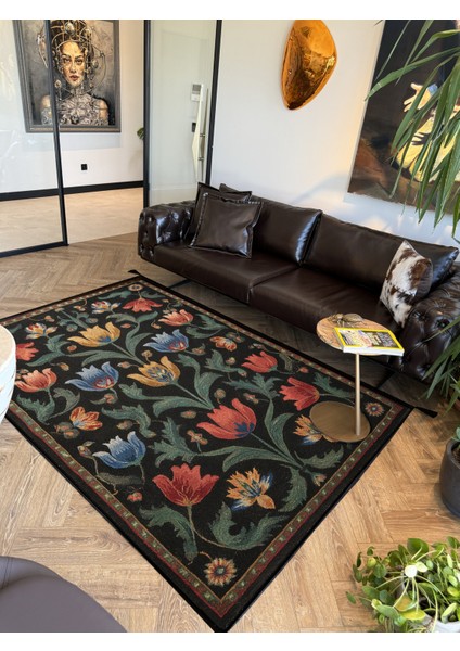 Karaköy 502 Vintage Siyah Desen Etnik Motifli Yıkanabilir Halı Salon Koridor Oturma Odası Ev Halısı indirimleri