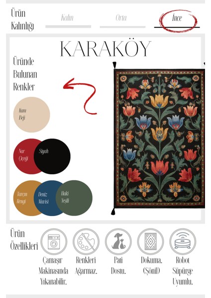 Karaköy 502 Vintage Siyah Desen Etnik Motifli Yıkanabilir Halı Salon Koridor Oturma Odası Ev Halısı