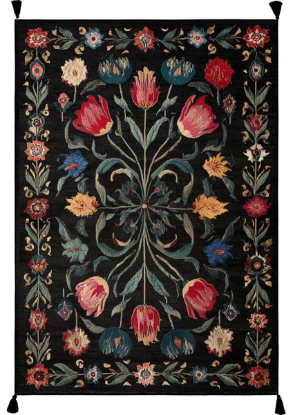 Karaköy 504 Renkli Siyah Püsküllü Tasarım Etnik Halı Yıkanabilir Halı Salon Oturma Odası Ev Halısı