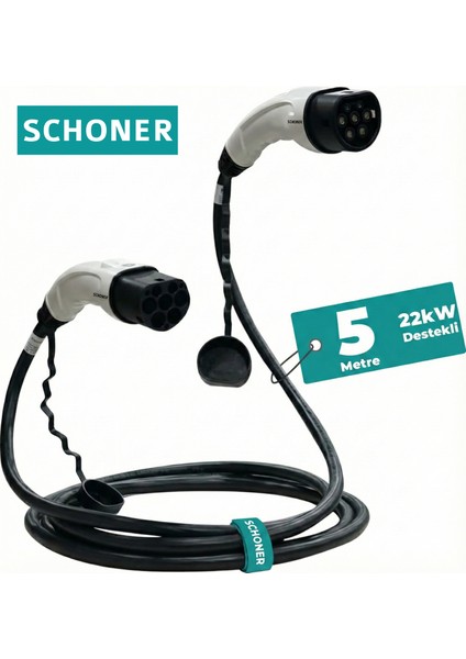 22KW (32A) Tip 2 Premium Elektrikli Araç Şarj Kablosu 5 Metre - Siyah, IP54 Suya Dayanıklı, Tüm Elektrikli Araçlarla Uyumlu