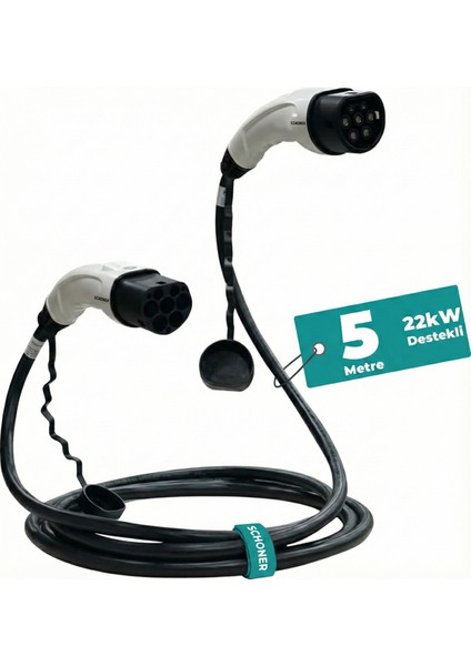 22KW (32A) Tip 2 Premium Elektrikli Araç Şarj Kablosu 5 Metre - Siyah, IP54 Suya Dayanıklı, Tüm Elektrikli Araçlarla Uyumlu modelleri