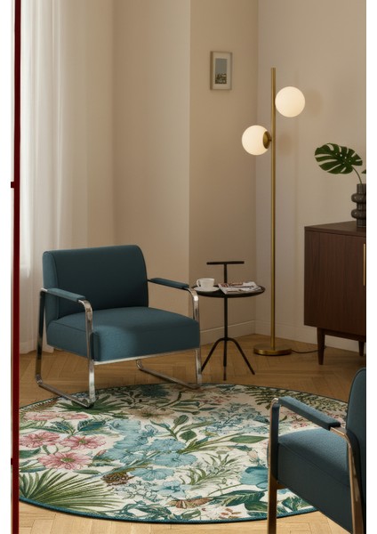 Como 01 Çok Renkli Yuvarlak Bej Bahar Çiçekleri Desenli Ince Dokuma Taban Yıkanabilir Ev Alan Halısı