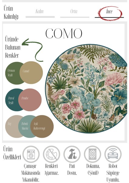 Como 01 Çok Renkli Yuvarlak Bej Bahar Çiçekleri Desenli Ince Dokuma Taban Yıkanabilir Ev Alan Halısı modelleri