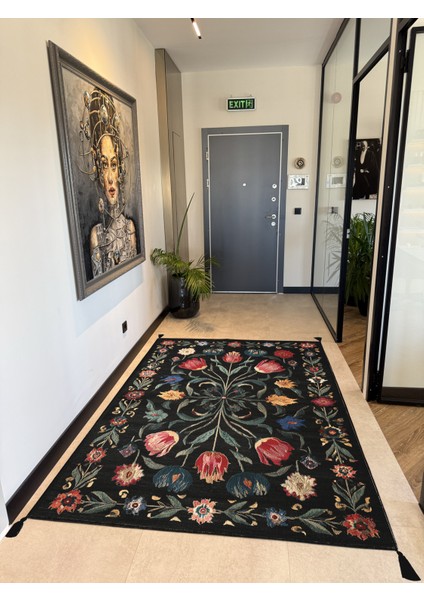 Karaköy 504 Renkli Siyah Püsküllü Tasarım Etnik Halı Yıkanabilir Halı Salon Oturma Odası Ev Halısı modelleri