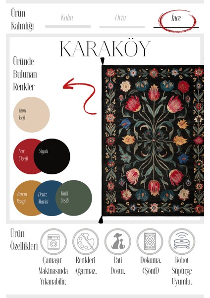 Karaköy 504 Renkli Siyah Püsküllü Tasarım Etnik Halı Yıkanabilir Halı Salon Oturma Odası Ev Halısı fırsatları