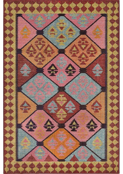 Mihrimah 503 Pembe Turuncu Etnik Halı Vintage Halı Yıkanabilir Ince Dokuma Salon Oturma Odası Halısı