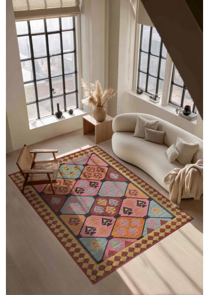 Mihrimah 503 Pembe Turuncu Etnik Halı Vintage Halı Yıkanabilir Ince Dokuma Salon Oturma Odası Halısı fiyatları