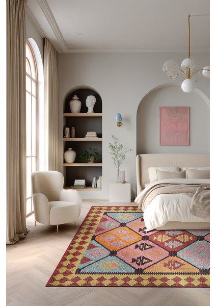 Mihrimah 503 Pembe Turuncu Etnik Halı Vintage Halı Yıkanabilir Ince Dokuma Salon Oturma Odası Halısı modelleri