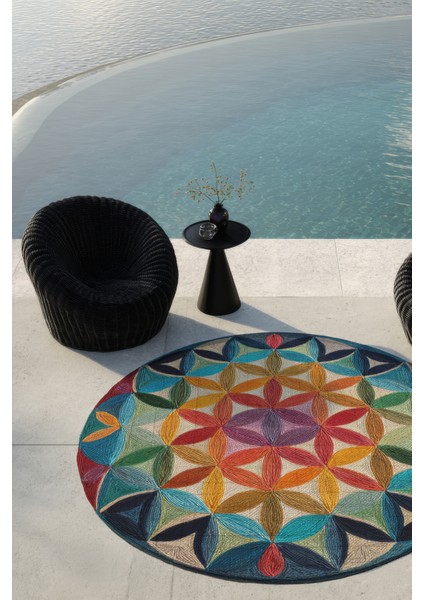 Porto 75 Renkli Geometrik Soyut Sanatsal Tasarım Yuvarlak Balkon Halısı Antre Halısı Mutfak Halısı fiyatları