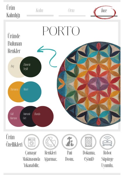 Porto 75 Renkli Geometrik Soyut Sanatsal Tasarım Yuvarlak Balkon Halısı Antre Halısı Mutfak Halısı modelleri