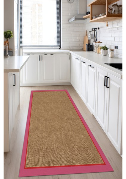 Dotto 203 Pembe Kırmızı Bordür Kahverengi Dijital Baskı Hasır Görünüm Kaymaz Taban Yıkanabilir Halı