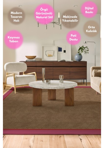 Dotto 203 Pembe Kırmızı Bordür Kahverengi Dijital Baskı Hasır Görünüm Kaymaz Taban Yıkanabilir Halı modelleri