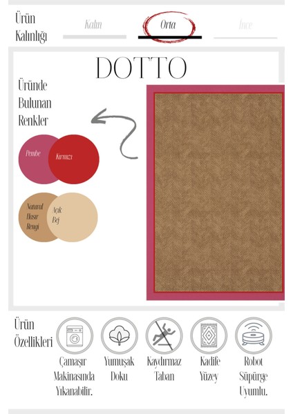 Dotto 203 Pembe Kırmızı Bordür Kahverengi Dijital Baskı Hasır Görünüm Kaymaz Taban Yıkanabilir Halı