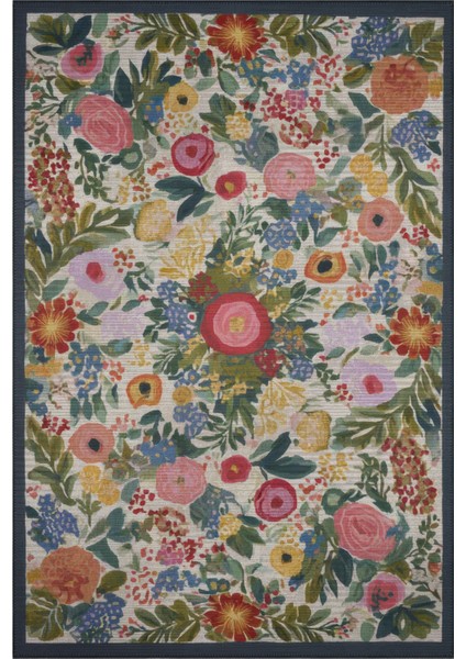 Fiora 222 Lacivert Bej Çiçekli Halı Yıkanabilir Halı Ince Kilim Halı Hol Yolluk Ev Oda Salon Halısı
