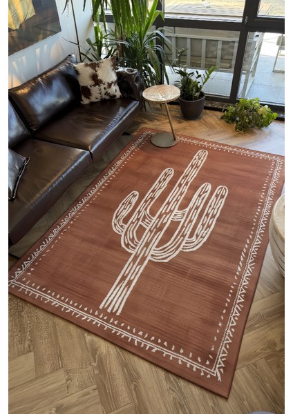 Pera 220 Bohem Kaktüs Desenli Kiremit Rengi Rustik Dekoratif Halı Yıkanabilir Salon Oturma Ev Halısı