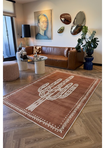 Pera 220 Bohem Kaktüs Desenli Kiremit Rengi Rustik Dekoratif Halı Yıkanabilir Salon Oturma Ev Halısı modelleri