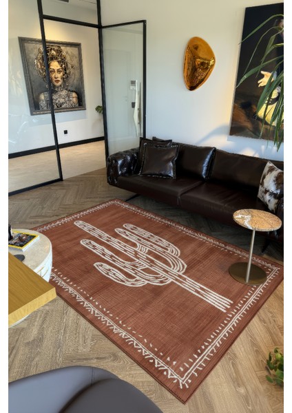 Pera 220 Bohem Kaktüs Desenli Kiremit Rengi Rustik Dekoratif Halı Yıkanabilir Salon Oturma Ev Halısı fırsatları