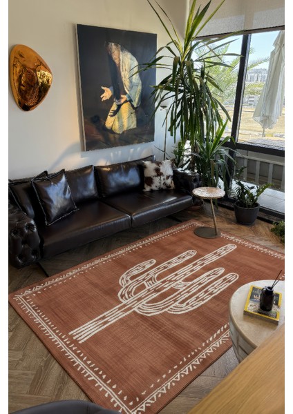 Pera 220 Bohem Kaktüs Desenli Kiremit Rengi Rustik Dekoratif Halı Yıkanabilir Salon Oturma Ev Halısı indirimleri