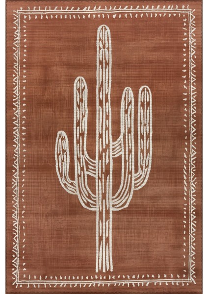 Pera 220 Bohem Kaktüs Desenli Kiremit Rengi Rustik Dekoratif Halı Yıkanabilir Salon Oturma Ev Halısı