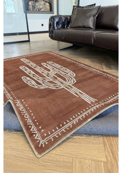 Pera 220 Bohem Kaktüs Desenli Kiremit Rengi Rustik Dekoratif Halı Yıkanabilir Salon Oturma Ev Halısı