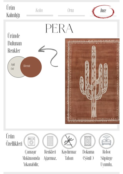 Pera 220 Bohem Kaktüs Desenli Kiremit Rengi Rustik Dekoratif Halı Yıkanabilir Salon Oturma Ev Halısı