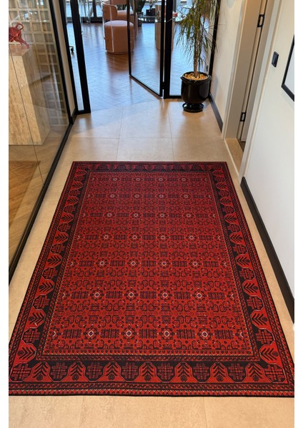 Haliç 301 Bordo Siyah Afgan Desenli Vintage Etnik Salon Halısı Oturma Odası Ince Hol Ev Oda Halısı
