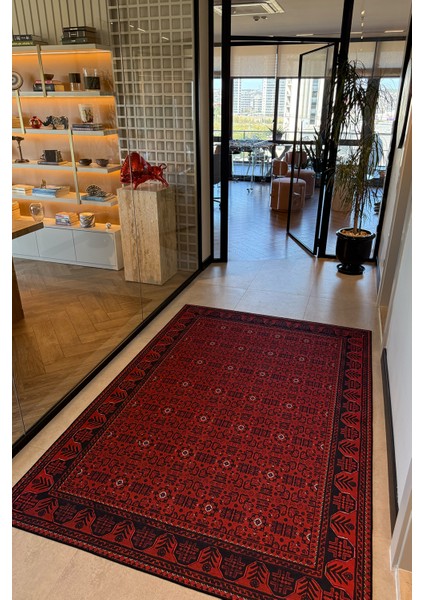 Haliç 301 Bordo Siyah Afgan Desenli Vintage Etnik Salon Halısı Oturma Odası Ince Hol Ev Oda Halısı fırsatları