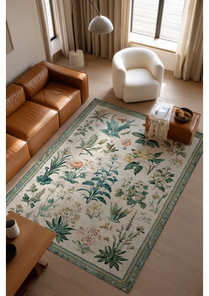 Garden 818 Bej Yeşil Botanik Çiçekli Halı Yıkanabilir Ince Dokuma Taban Salon Oturma Odası Halısı