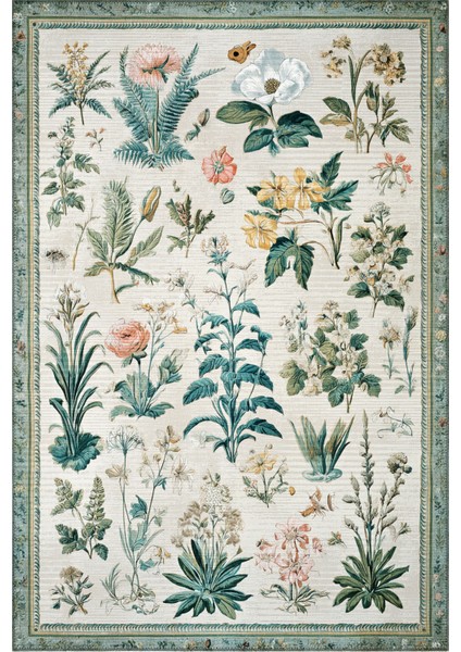 Garden 818 Bej Yeşil Botanik Çiçekli Halı Yıkanabilir Ince Dokuma Taban Salon Oturma Odası Halısı fiyatları